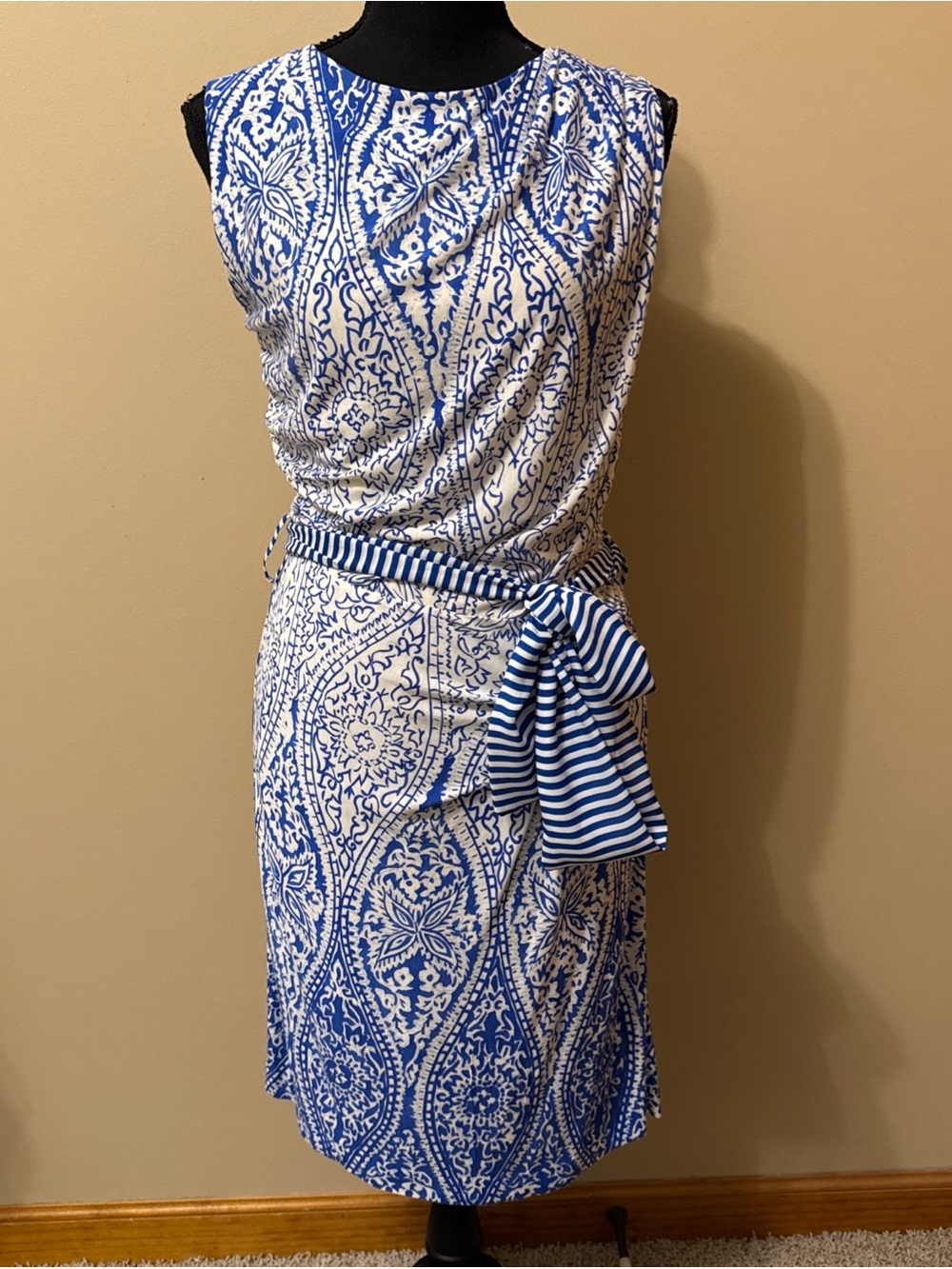 Mango Blue & White Sleeveless Printed Midi Dress with Striped Tie